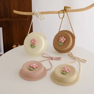 Borsa a tracolla in paglia estiva per bambini graziosa borsa rotonda floreale spiaggia