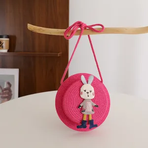 Children pink straw woven crossbody bag cute rabbit summer girl shoulder bag round purse