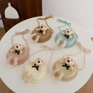 Borsa a Tracolla in Paglia per Bambini Carina Mini Borsa da Spiaggia Estiva Orsetto di Peluche Cartone Animato Borsa Tessuta Accessori di Moda per Ragazze