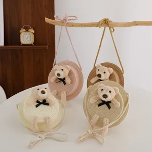 Borsa tracolla in paglia per bambini con peluche orsetto e fiocco, mini borsa mare estiva.