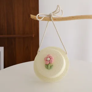 Borsa Tracolla Paglia Bambina Carino Fiori Tessuto Mini Borsetta Borsa da Spiaggia