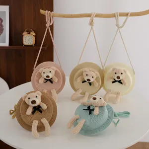 Borsa a tracolla in paglia per bambini con orsetto di peluche, mini borsa da spiaggia.