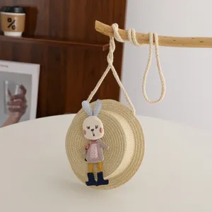 Cute straw crossbody bag for toddler girls, featuring a lovely rabbit design for summer beach.