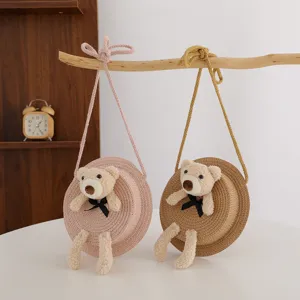 Borsa tracolla in paglia per bambina con orsetto di peluche, mini borsetta da spiaggia.
