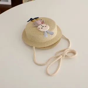 Kids straw crossbody bag detail, cute bunny hat design, perfect for summer daily wear.