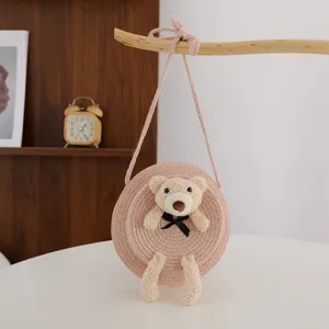 Borsa a tracolla in paglia bambini orsetto peluche carino rosa rotondo intrecciato spiaggia
