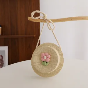 Borsa a tracolla in paglia per bambini, graziosa mini borsa rotonda intrecciata fiore rosa.