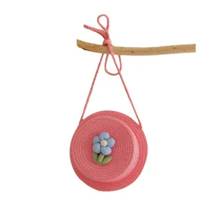 Borsa a tracolla in paglia rosa per bambini graziosa borsa rotonda intrecciata da mare