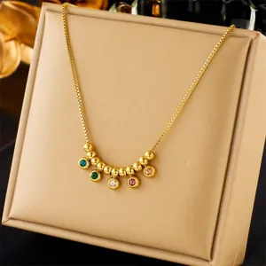 Exquisite gold-plated stainless steel necklace featuring colorful multi-gem charms and delicate beads.