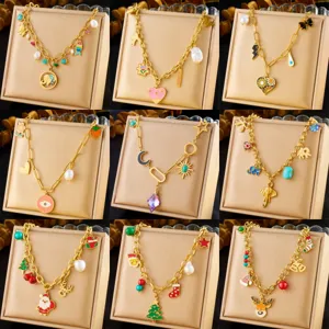 Stainless Steel Multi Pendant Necklace Gold Plated Colorful Drip Oil Choker Women Fashion Jewelry