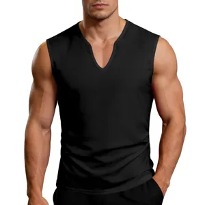 Close-up view of men's casual black V-neck tank top, showing sleeveless fit and soft breathable fabric.