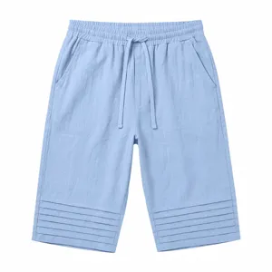 Light blue men casual shorts detail drawstring waist multi pleat cuffs summer beach wear
