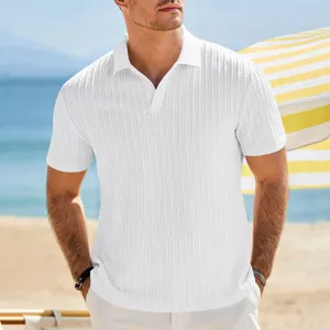 Detailed view of men's summer knit polo shirt featuring unique textured fabric design.