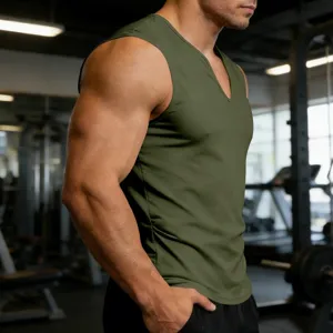Men's army green V-neck sleeveless fitness tank top, breathable quick-dry athletic vest.