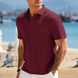 Men's summer knit polo shirt short sleeve textured casual fashion top breathable apparel
