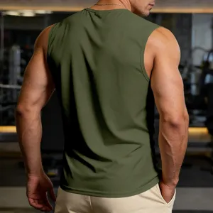 Men's solid army green sleeveless sports fitness training vest, breathable and quick-dry gym top.