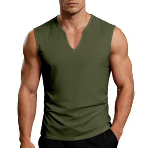 Detailed view of men's army green V-neck sleeveless fitness tank top showing collar and fabric.