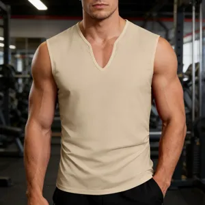 Men fitness sports vest detail view, breathable quick dry fabric V neck design casual activewear.