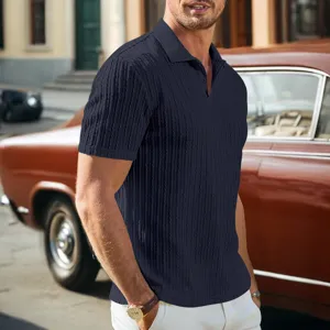 Men's knitted textured polo shirt short sleeve summer casual slim fit vintage style navy blue
