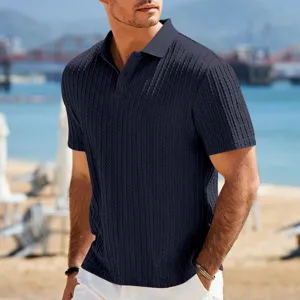 Men's navy blue knitted textured short sleeve polo shirt, stylish summer casual beach top.