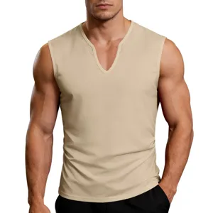 Close-up view of the men's khaki V-neck fitness tank top, highlighting fabric texture and cut.