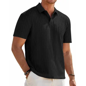Men's black short sleeve polo shirt, textured knit stretch fabric, casual slim fit summer top.