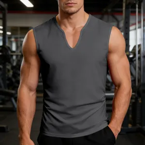 Men's deep gray V-neck athletic tank top detail view, breathable quick-dry fitness apparel.