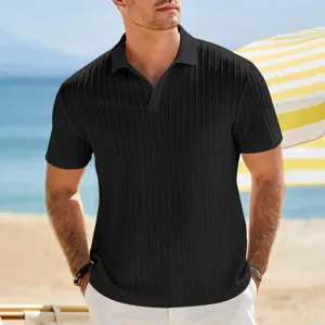 Men black textured knit polo shirt short sleeve casual summer top breathable jacquard design.