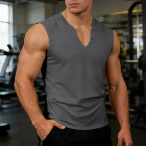 Men's grey v-neck fitness tank top breathable quick dry athletic sleeveless workout vest shirt