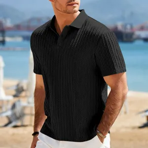 Men's knit jacquard polo shirt detail view showing textured fabric and casual summer short sleeve style.