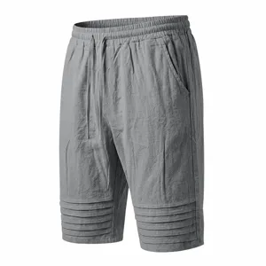 Men's casual grey drawstring shorts with pleated hem summer beach holiday daily wear clothing