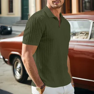 Polo de hombre de punto texturizado verde oscuro, camiseta casual de verano de manga corta.