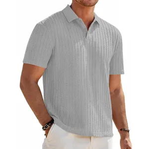 Men's grey knit polo shirt with stylish textured pattern, short sleeves, summer casual wear.