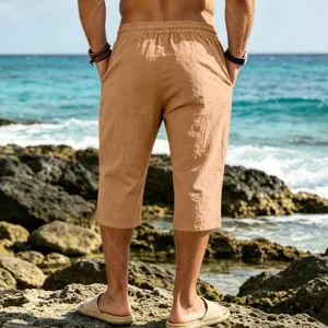Men casual beach capri shorts drawstring waist summer vacation solid color trousers apparel.
