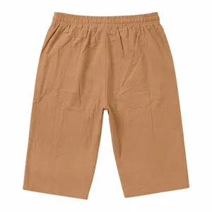 Men casual khaki capri shorts cotton linen summer beach drawstring waist comfortable trousers