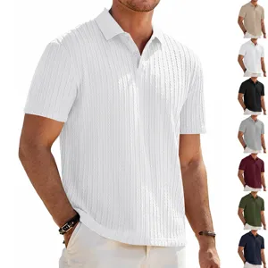 Men's Summer Knit Jacquard Short Sleeve Polo Shirt Casual Slim Fit Solid Color Tee