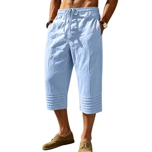 Men casual light blue linen shorts summer beach cropped trousers with drawstring and pleated.