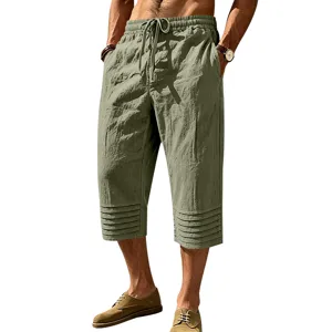 Men's casual linen summer beach 3/4 shorts with comfortable drawstring and pleated cuffs.