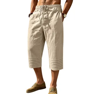 Men's casual linen 3/4 shorts summer beach drawstring loose pleated trousers apparel