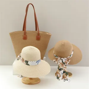 Bolso tote de paja tejida para mujer y sombrero de sol de verano con cinta elegante.