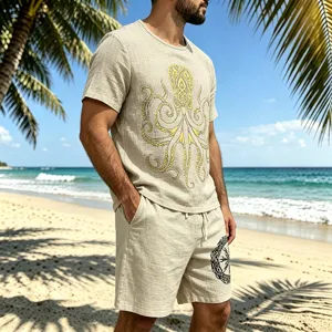 Men's slub linen casual short sleeve set with viking octopus print, beach summer detail view.
