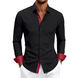 Details of mens long sleeve contrast shirt featuring stylish black and burgundy color blocking.