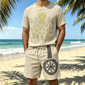 Detail view of men's linen short sleeve t-shirt and shorts set with vintage octopus and Viking prints.