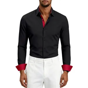 Men's long sleeve dress shirt with contrast color collar and cuffs, business casual slim fit.