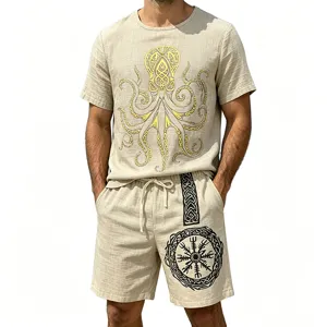 Men linen casual set summer vintage viking octopus print crew neck t-shirt and shorts outfit