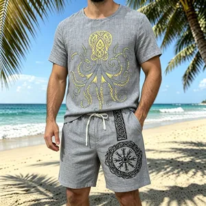 Men's linen casual set short sleeve shirt and shorts with Viking graphic print details.