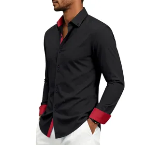 Men's stylish contrast long sleeve business casual stretch wrinkle free dress shirt detail