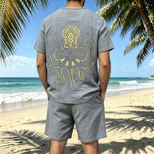 Men's grey linen blend t-shirt and shorts set featuring detailed vintage Viking octopus back print.