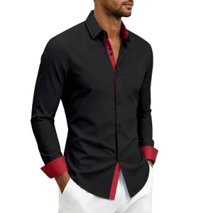 Men's contrast long sleeve dress shirt detail view, showing red inner collar and cuffs.