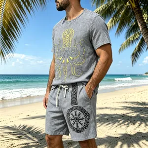 Details of the mens vintage Viking print linen short sleeve and shorts set in beach scene.